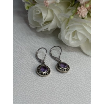 925 Sterling Silver Amethyst & Marcasite Earrings Length 1.12 Inch