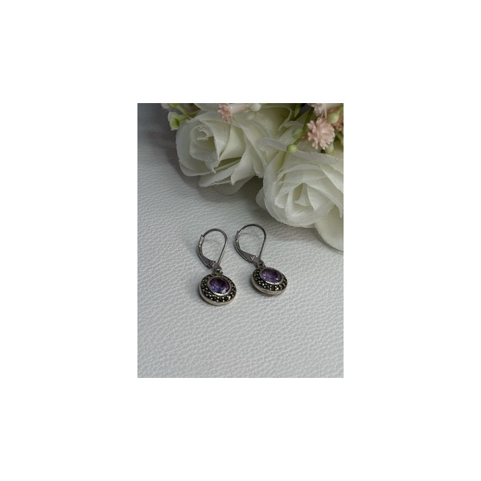 925 Sterling Silver Amethyst & Marcasite Earrings Length 1.12 Inch