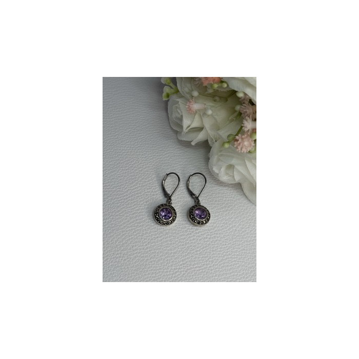 925 Sterling Silver Amethyst & Marcasite Earrings Length 1.12 Inch