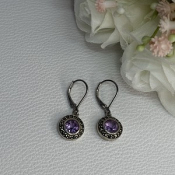 925 Sterling Silver Amethyst & Marcasite Earrings Length 1.12 Inch