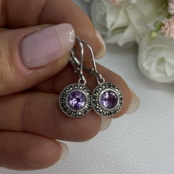 925 Sterling Silver Amethyst & Marcasite Earrings Length 1.12 Inch