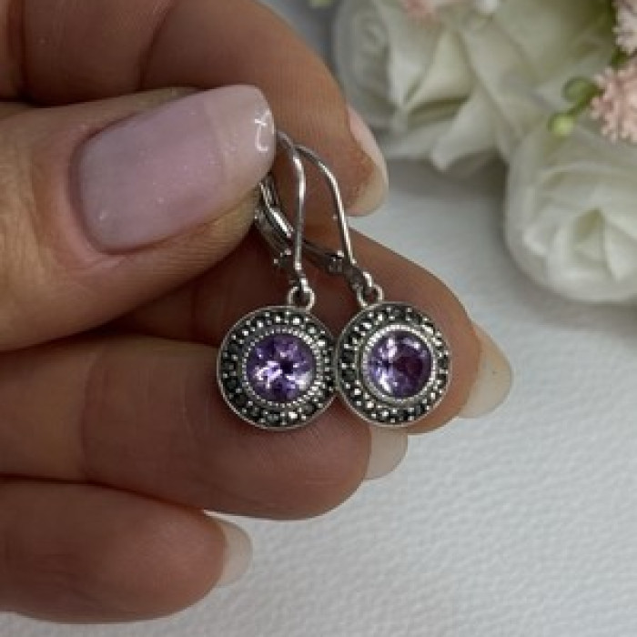 925 Sterling Silver Amethyst & Marcasite Earrings Length 1.12 Inch