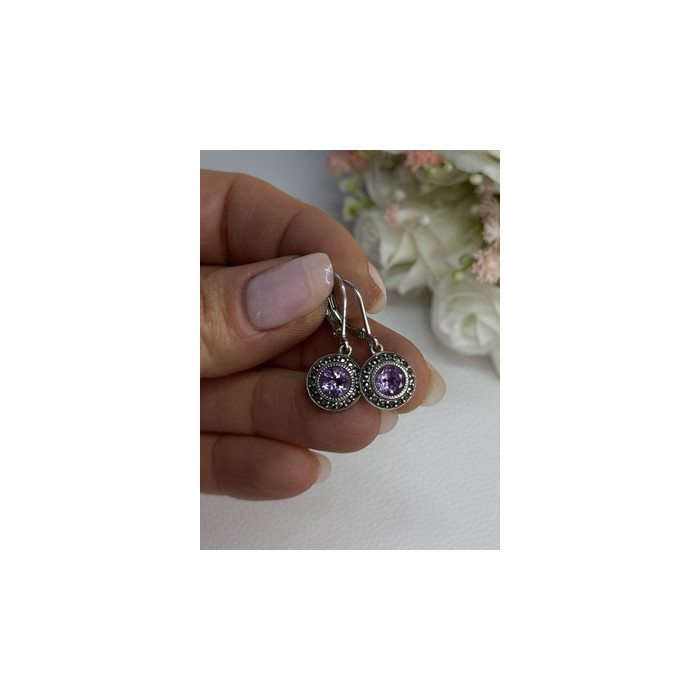 925 Sterling Silver Amethyst & Marcasite Earrings Length 1.12 Inch