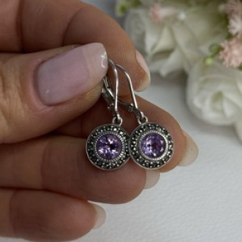 925 Sterling Silver Amethyst & Marcasite Earrings Length 1.12 Inch