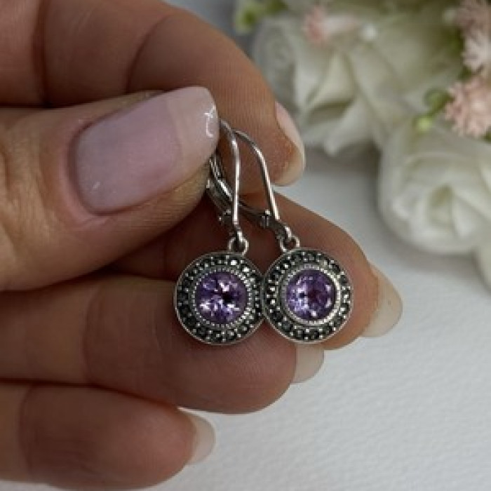 925 Sterling Silver Amethyst & Marcasite Earrings Length 1.12 Inch