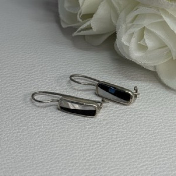 925 Sterling Silver Black Onyx & Mother OF Pearl Earrings Length 1 Inch