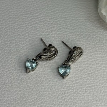 925 Sterling Silver Blue Topaz Heart Earrings Length 0.85 Inch