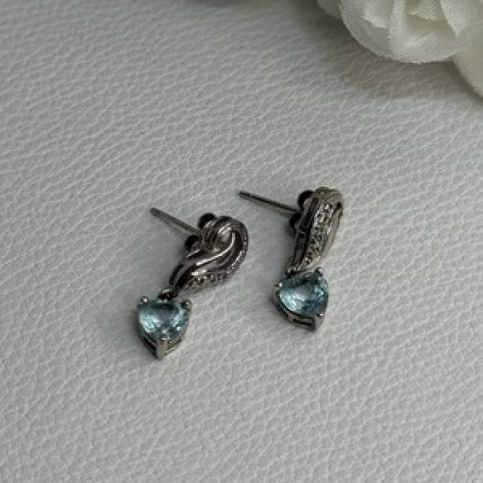 925 Sterling Silver Blue Topaz Heart Earrings Length 0.85 Inch