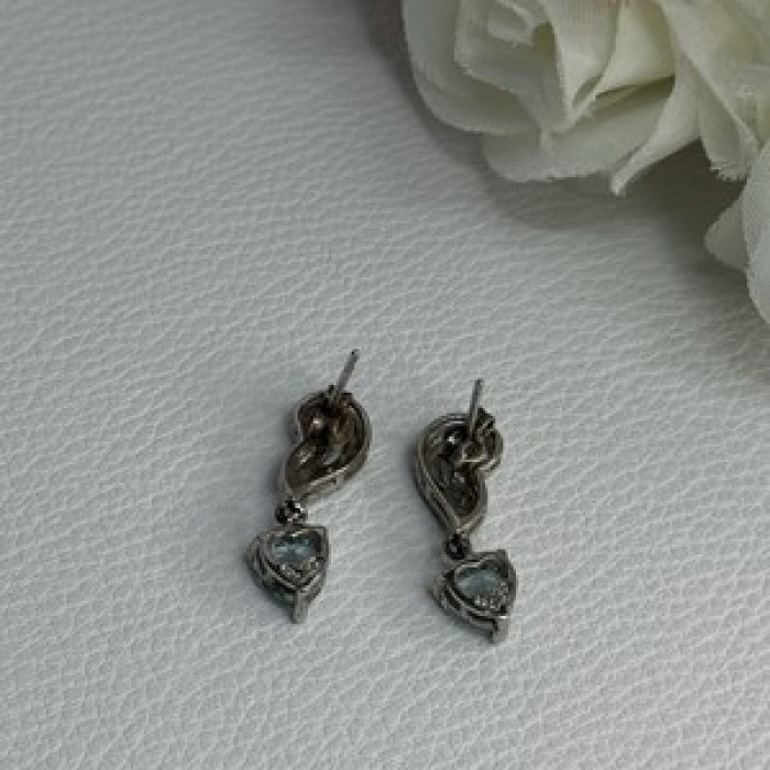 925 Sterling Silver Blue Topaz Heart Earrings Length 0.85 Inch