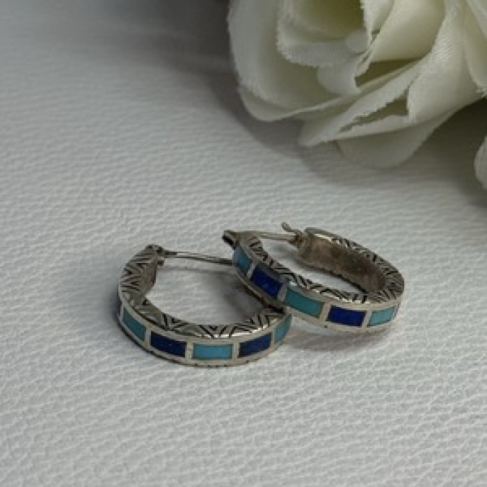 925 Sterling Silver Purple & Blue Agate Earrings Length 0.73 Inch