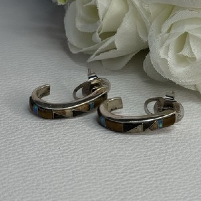 925 Sterling Silver Agate & Opal Earrings Length 0.95 Inch
