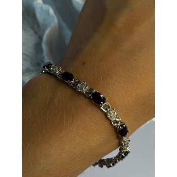 925 Sterling Silver Flower Garnet Bracelet Length 8