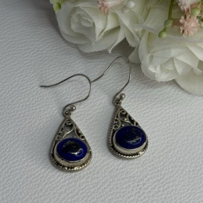 Vintage 925 Sterling Silver Sodalite Earrings Length 1.60 Inch