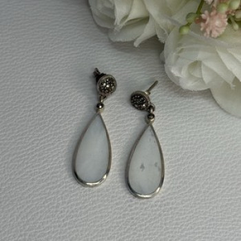 Vintage 925 Sterling Silver Abalone & Marcasite Earrings Length 1.60 Inch