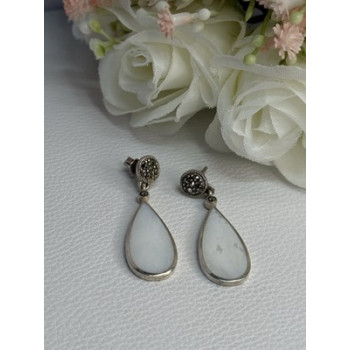 Vintage 925 Sterling Silver Abalone & Marcasite Earrings Length 1.60 Inch