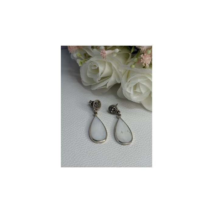 Vintage 925 Sterling Silver Abalone & Marcasite Earrings Length 1.60 Inch