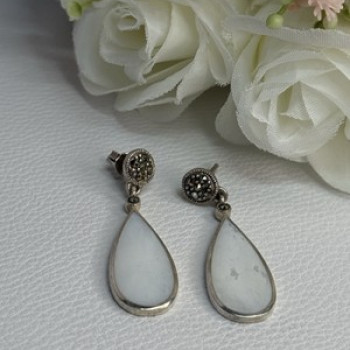 Vintage 925 Sterling Silver Abalone & Marcasite Earrings Length 1.60 Inch