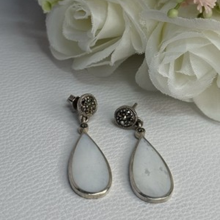 Vintage 925 Sterling Silver Abalone & Marcasite Earrings Length 1.60 Inch