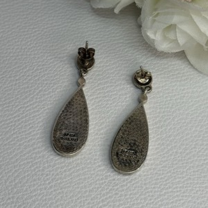 Vintage 925 Sterling Silver Abalone & Marcasite Earrings Length 1.60 Inch