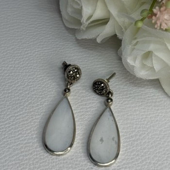 Vintage 925 Sterling Silver Abalone & Marcasite Earrings Length 1.60 Inch