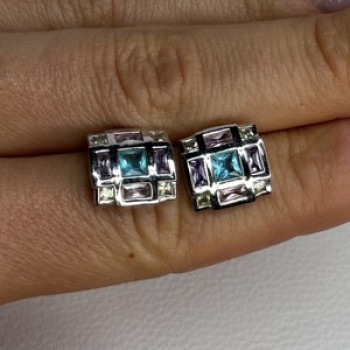925 Sterling Silver Multicolor Spinel Earrings Length 0.46 Inch