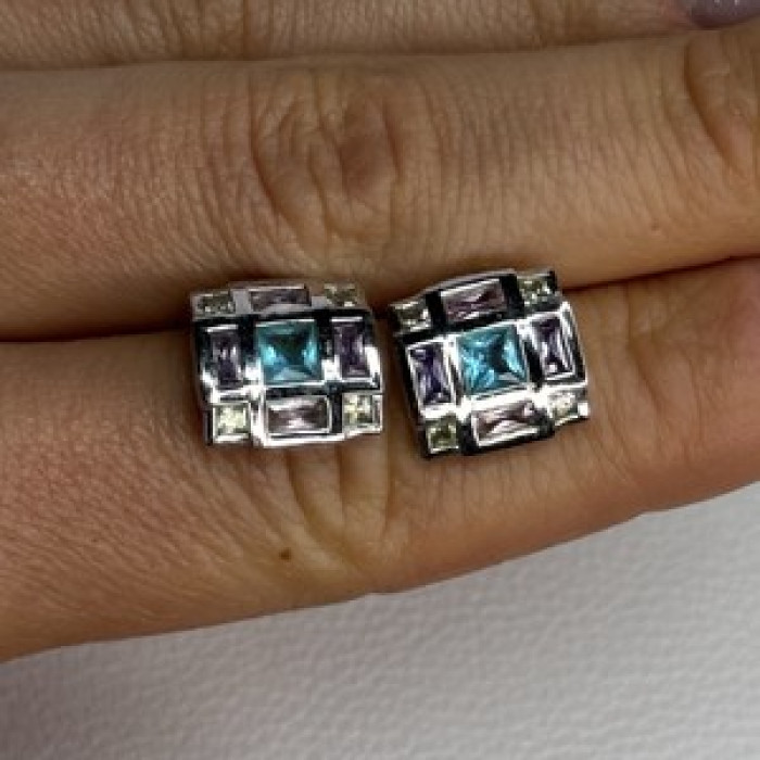 925 Sterling Silver Multicolor Spinel Earrings Length 0.46 Inch