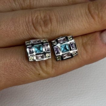 925 Sterling Silver Multicolor Spinel Earrings Length 0.46 Inch