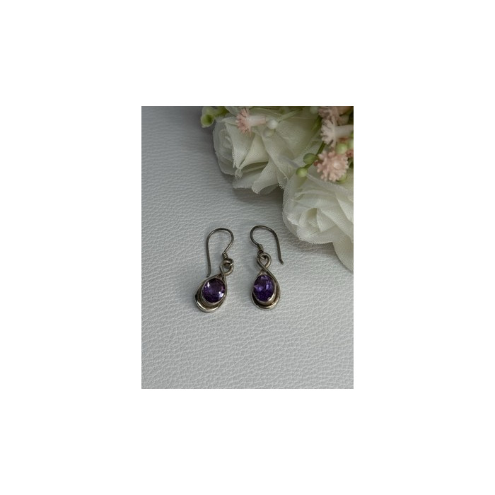 925 Sterling Silver Amethyst Earrings Length 1.20 Inch