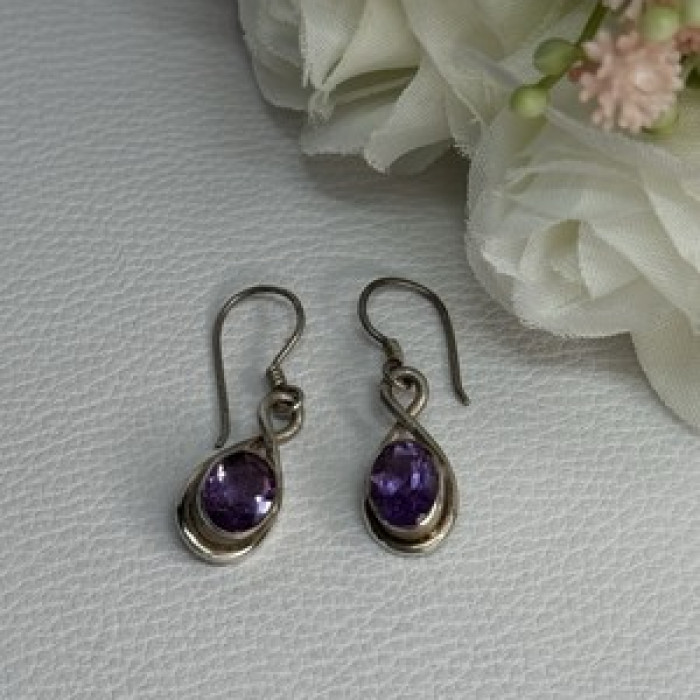 925 Sterling Silver Amethyst Earrings Length 1.20 Inch