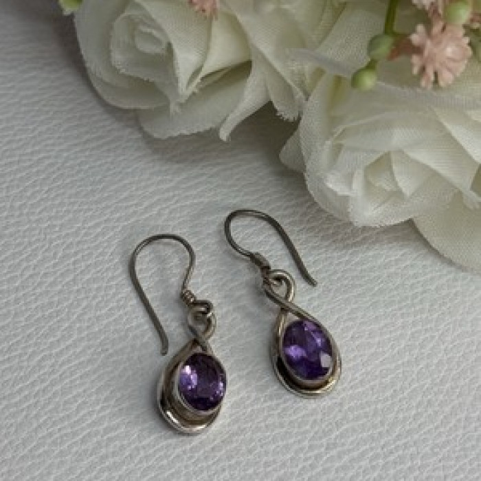 925 Sterling Silver Amethyst Earrings Length 1.20 Inch