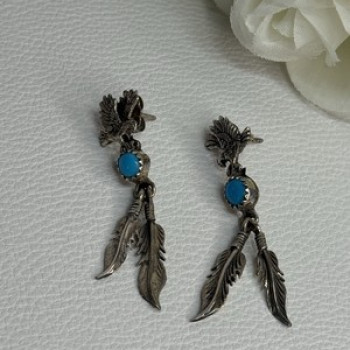 Navajo Flying Eagle 925 Sterling Silver Turquoise Earrings Length 1.60 Inch