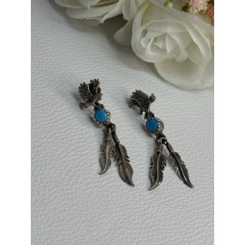 Navajo Flying Eagle 925 Sterling Silver Turquoise Earrings Length 1.60 Inch