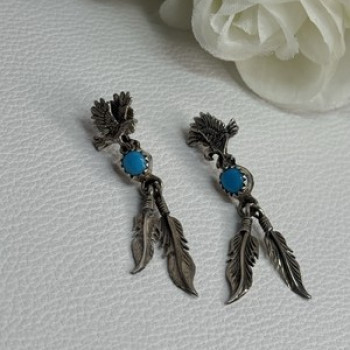 Navajo Flying Eagle 925 Sterling Silver Turquoise Earrings Length 1.60 Inch