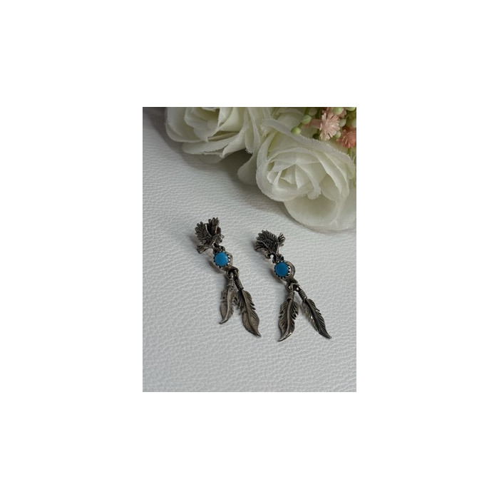 Navajo Flying Eagle 925 Sterling Silver Turquoise Earrings Length 1.60 Inch