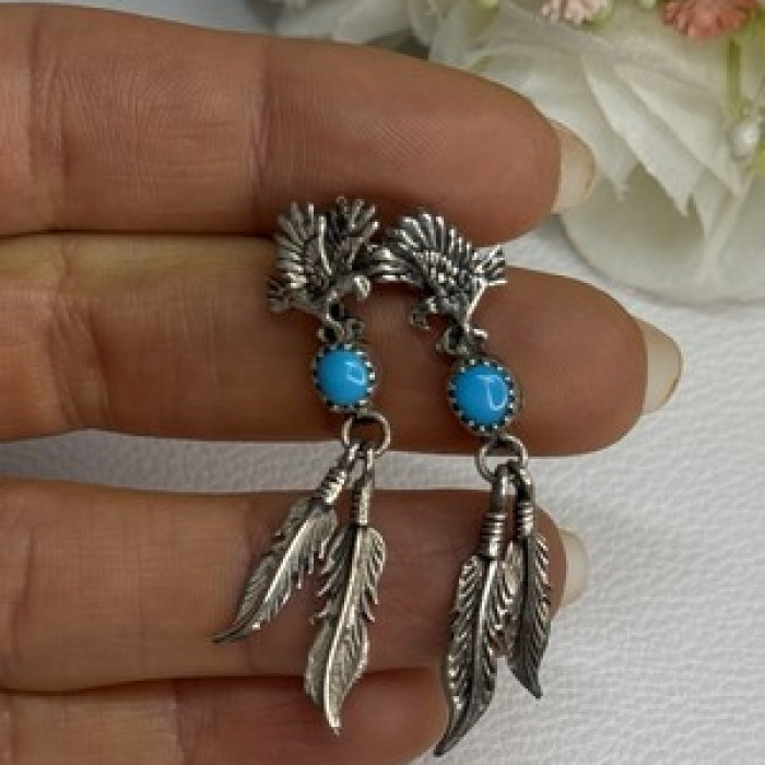 Navajo Flying Eagle 925 Sterling Silver Turquoise Earrings Length 1.60 Inch