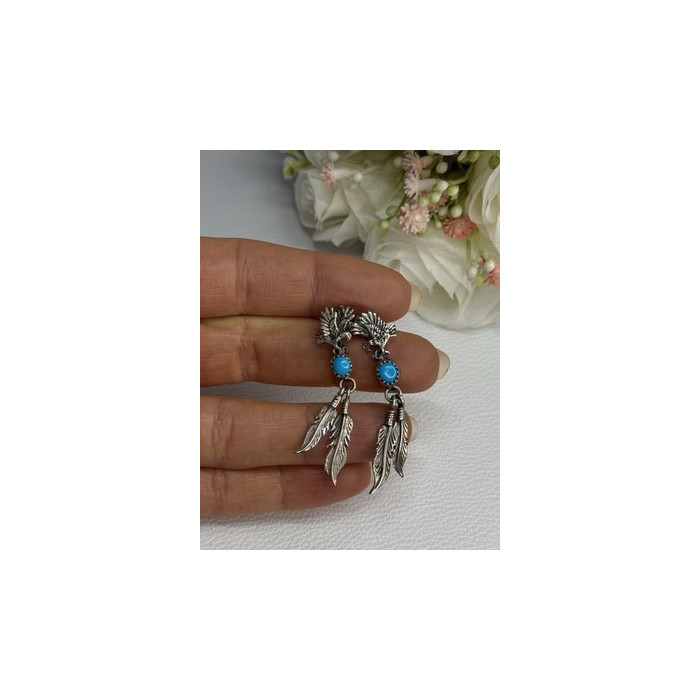 Navajo Flying Eagle 925 Sterling Silver Turquoise Earrings Length 1.60 Inch