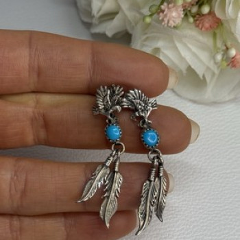 Navajo Flying Eagle 925 Sterling Silver Turquoise Earrings Length 1.60 Inch