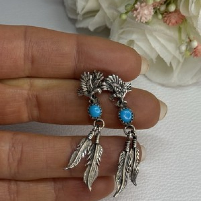 Navajo Flying Eagle 925 Sterling Silver Turquoise Earrings Length 1.60 Inch