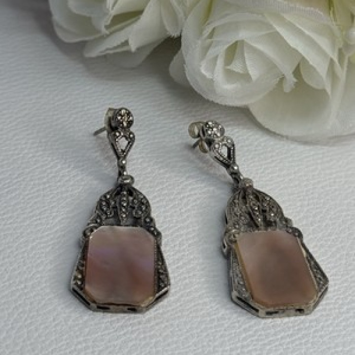 Vintage 925 Sterling Silver Abalone Earrings Length 2 Inch