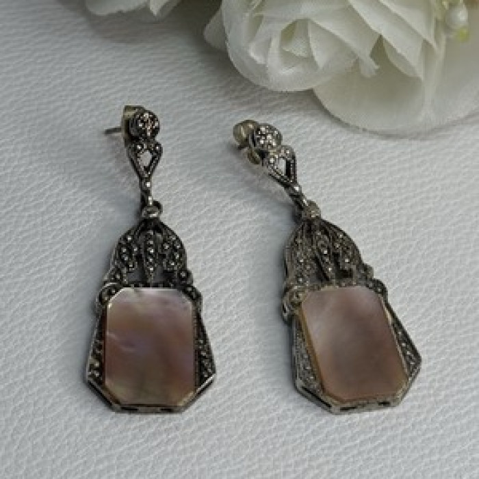Vintage 925 Sterling Silver Abalone Earrings Length 2 Inch