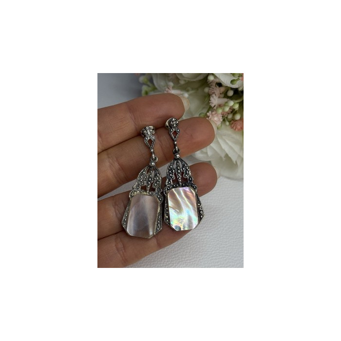 Vintage 925 Sterling Silver Abalone Earrings Length 2 Inch