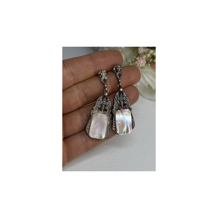 Vintage 925 Sterling Silver Abalone Earrings Length 2 Inch