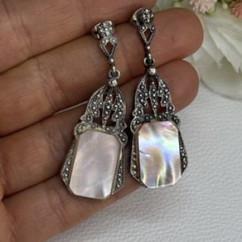 Vintage 925 Sterling Silver Abalone Earrings Length 2 Inch