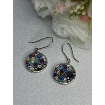 Murano Venice Millefiori 925 Sterling Silver Earrings Length 1.60 Inch