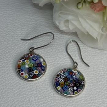 Murano Venice Millefiori 925 Sterling Silver Earrings Length 1.60 Inch