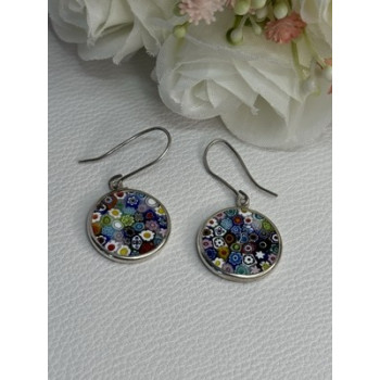 Murano Venice Millefiori 925 Sterling Silver Earrings Length 1.60 Inch