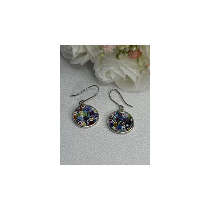 Murano Venice Millefiori 925 Sterling Silver Earrings Length 1.60 Inch