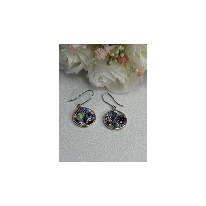 Murano Venice Millefiori 925 Sterling Silver Earrings Length 1.60 Inch