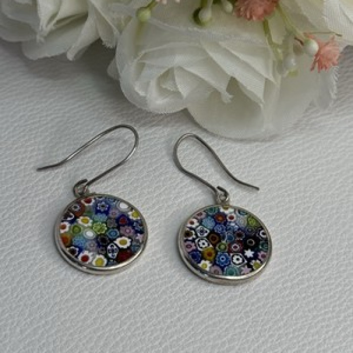 Murano Venice Millefiori 925 Sterling Silver Earrings Length 1.60 Inch