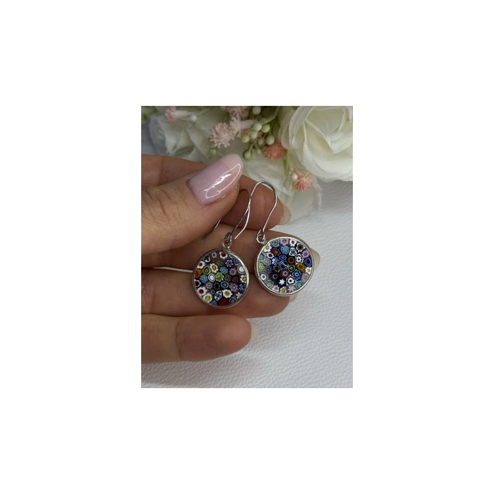 Murano Venice Millefiori 925 Sterling Silver Earrings Length 1.60 Inch